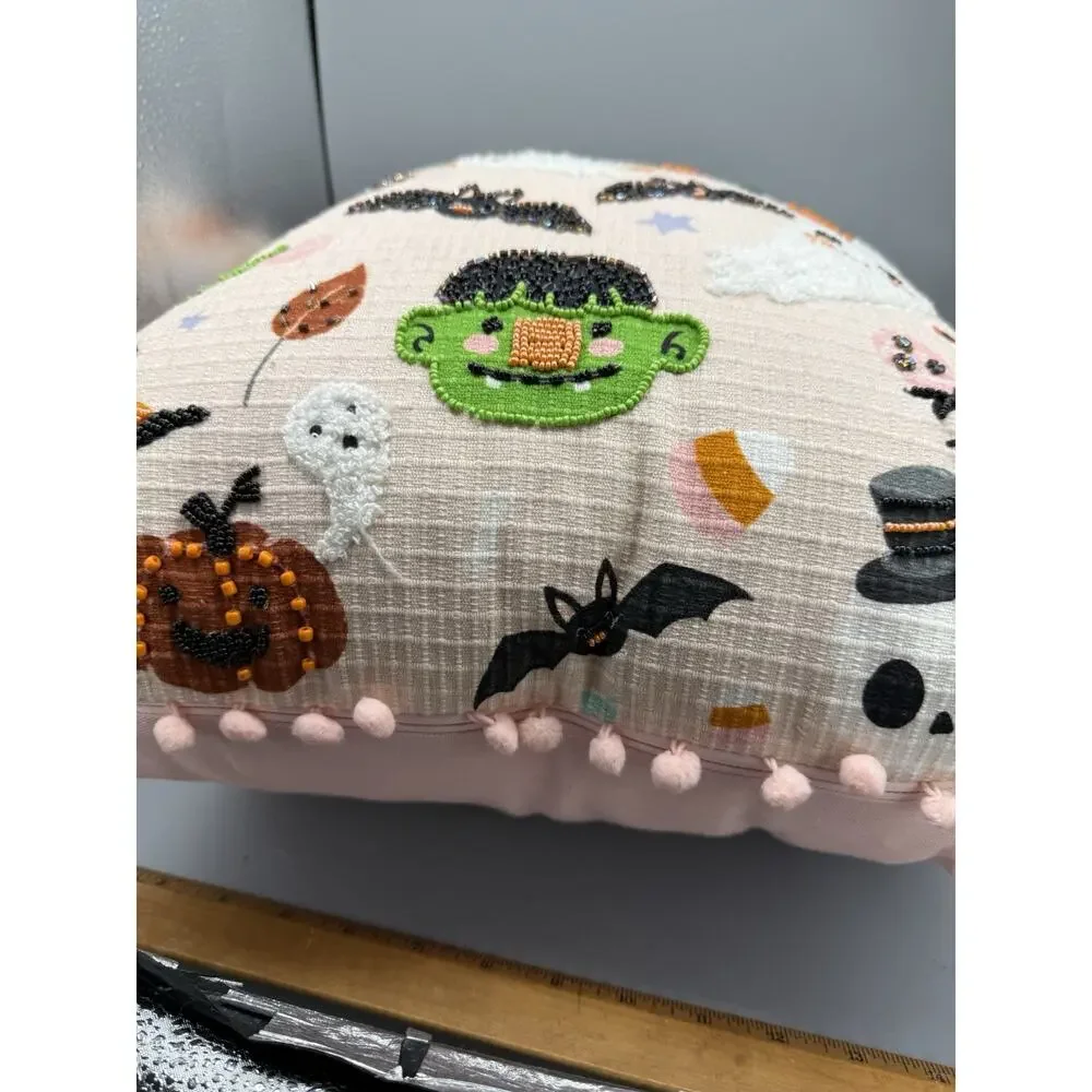Halloween Beaded Embroidered Throw Pillow Ghost Witch Bat Pumpkin 14” Pom Pom